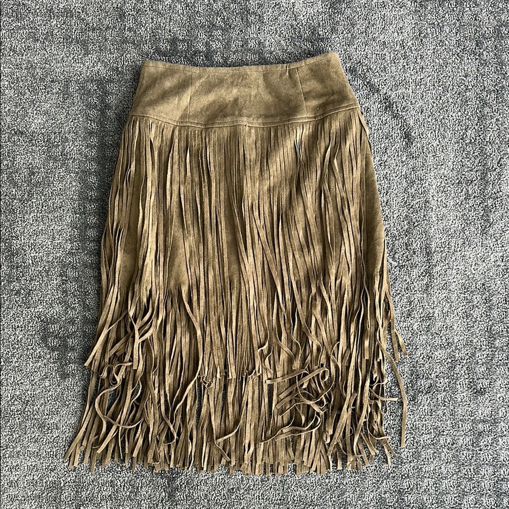 Joyfolie Fringe Midi Skirt in Brown